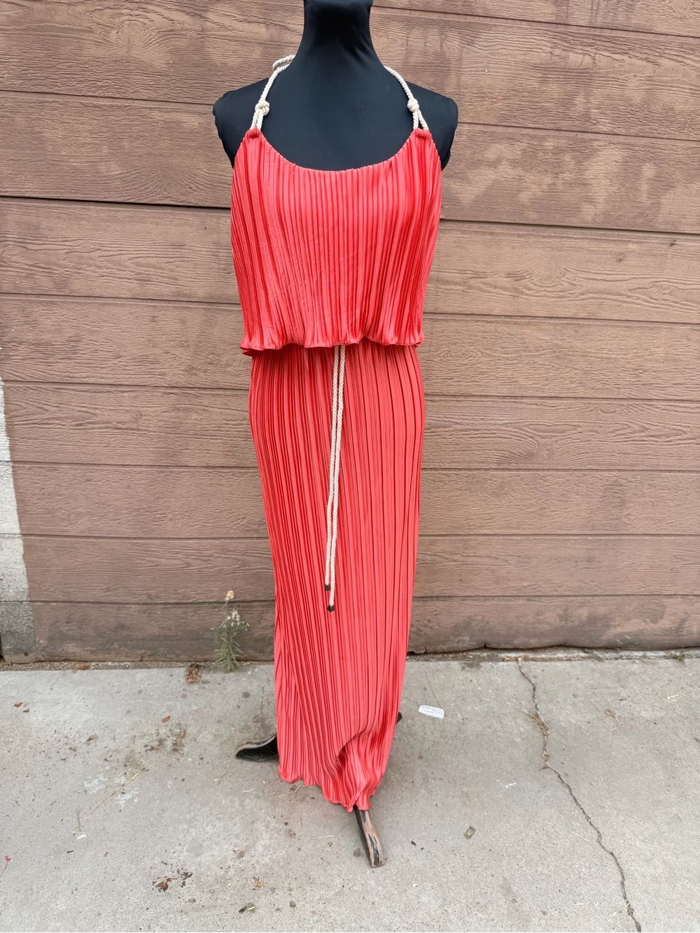Boston Proper autumn orange Pleated Halter Maxi Dress with Rope Tie